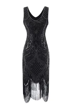 1920's Flapper Black Beaded Fringe Dress
