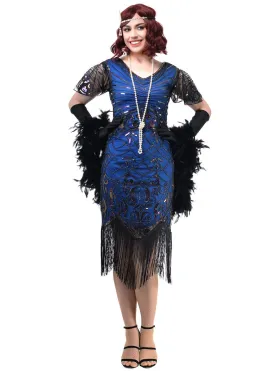 1920s Womens Plus Size Blue and Black Gatsby Dress Costume