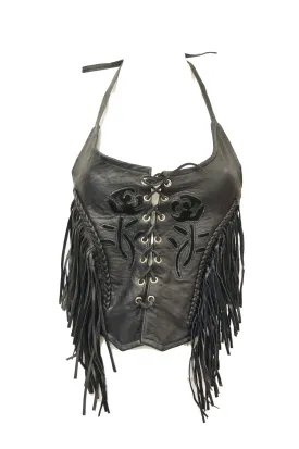 1970s Leather Lace Up Halter Top w/ Fringe and Suede Details