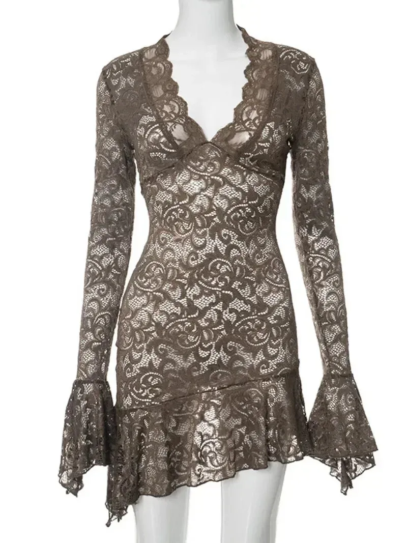 Amozae-hoco dresses -Women's V-neck Flare Sleeve Irregular Lace Dress 2024 Fashion Sexy High Waist Tunics Slim Short Party Dresses Night Club Outfit