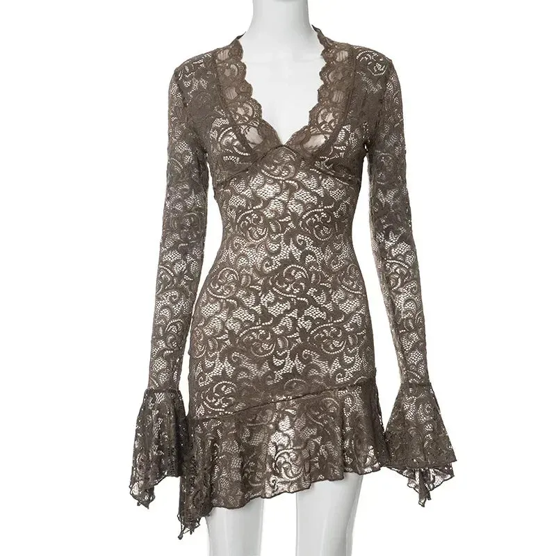 Amozae-hoco dresses -Women's V-neck Flare Sleeve Irregular Lace Dress 2024 Fashion Sexy High Waist Tunics Slim Short Party Dresses Night Club Outfit