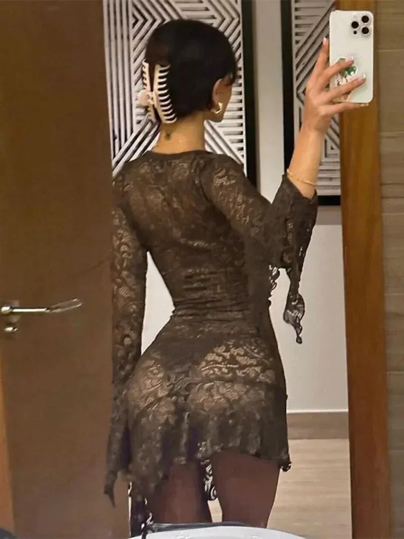 Amozae-hoco dresses -Women's V-neck Flare Sleeve Irregular Lace Dress 2024 Fashion Sexy High Waist Tunics Slim Short Party Dresses Night Club Outfit