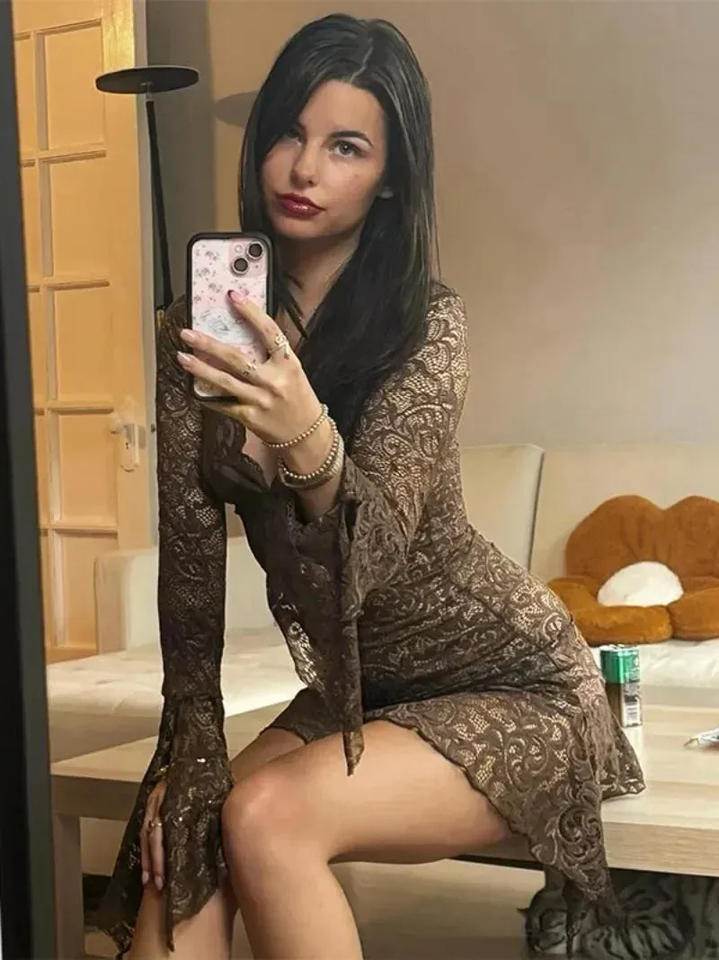 Amozae-hoco dresses -Women's V-neck Flare Sleeve Irregular Lace Dress 2024 Fashion Sexy High Waist Tunics Slim Short Party Dresses Night Club Outfit