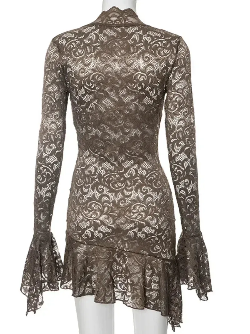 Amozae-hoco dresses -Women's V-neck Flare Sleeve Irregular Lace Dress 2024 Fashion Sexy High Waist Tunics Slim Short Party Dresses Night Club Outfit
