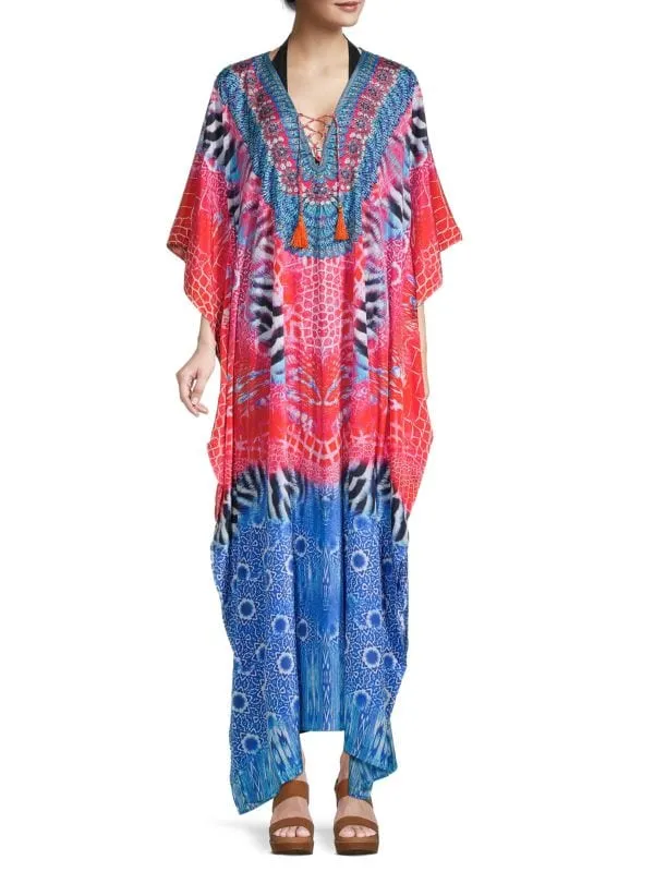 Animal print kaftan cape with tassels La Moda Clothing Blue multi