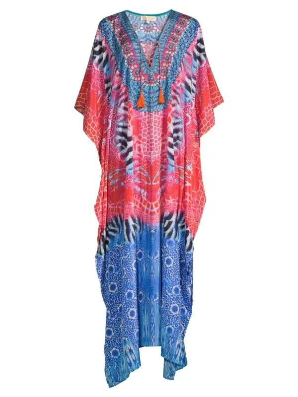 Animal print kaftan cape with tassels La Moda Clothing Blue multi
