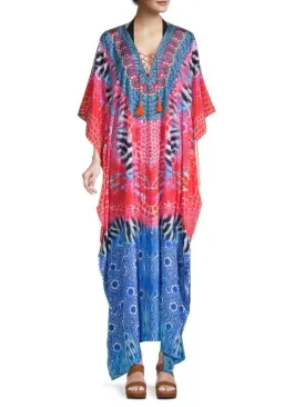Animal print kaftan cape with tassels La Moda Clothing Blue multi