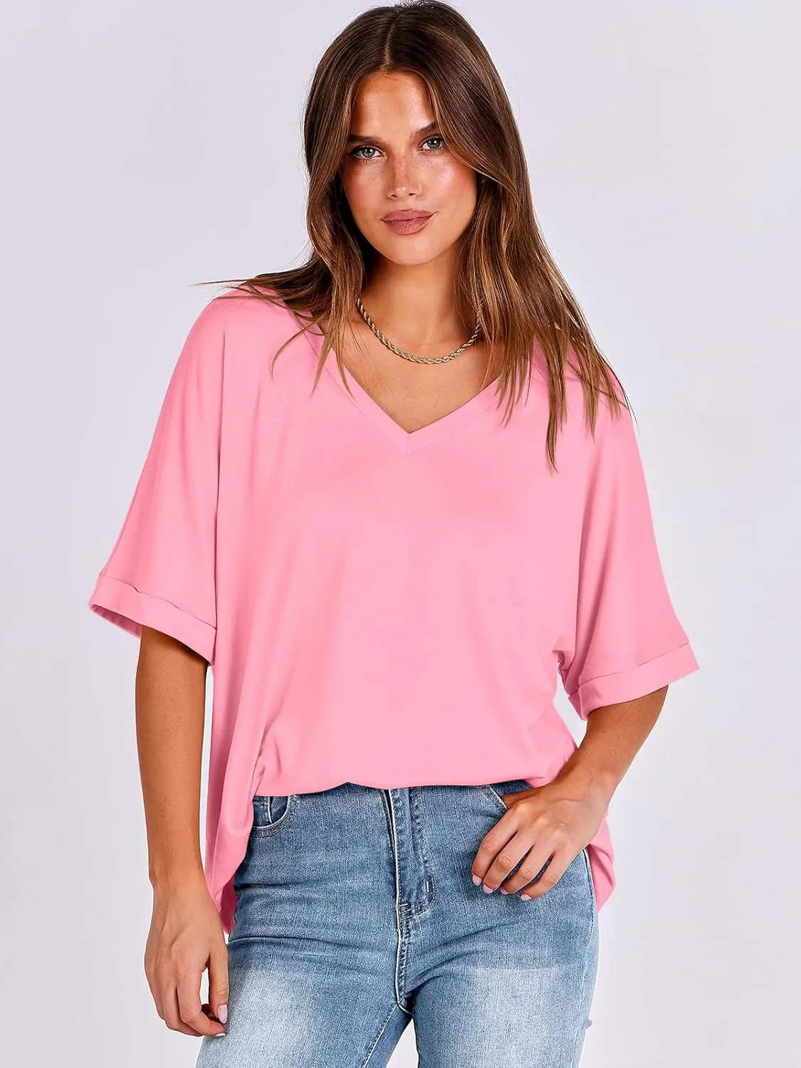 ANRABESS Women's Oversized T Shirts Short Sleeve V Neck Summer Tops Casual Loose Basic Plain Tee Shirts 2025 Clothes Outfits