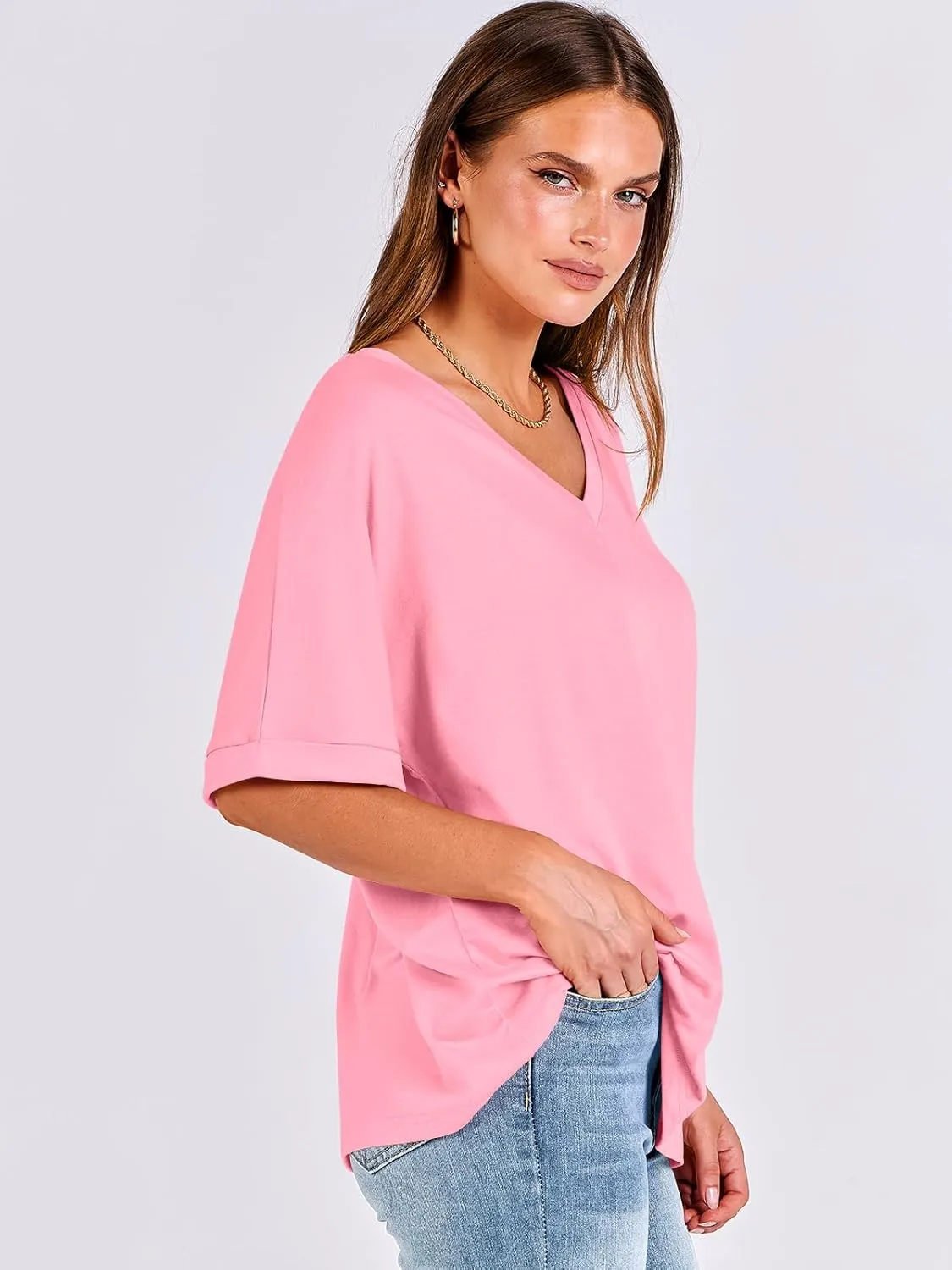 ANRABESS Women's Oversized T Shirts Short Sleeve V Neck Summer Tops Casual Loose Basic Plain Tee Shirts 2025 Clothes Outfits