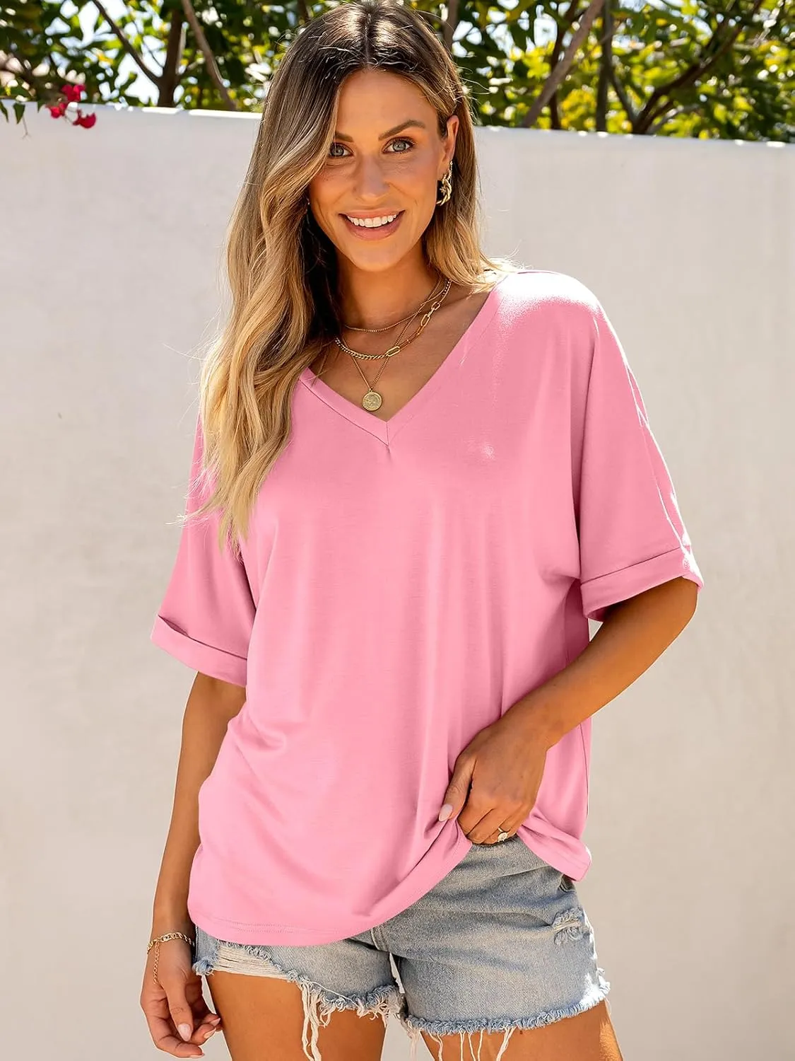 ANRABESS Women's Oversized T Shirts Short Sleeve V Neck Summer Tops Casual Loose Basic Plain Tee Shirts 2025 Clothes Outfits