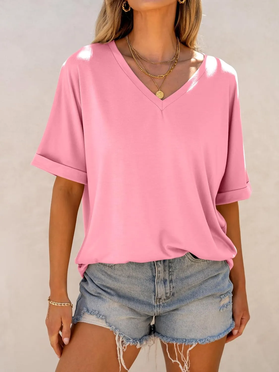 ANRABESS Women's Oversized T Shirts Short Sleeve V Neck Summer Tops Casual Loose Basic Plain Tee Shirts 2025 Clothes Outfits