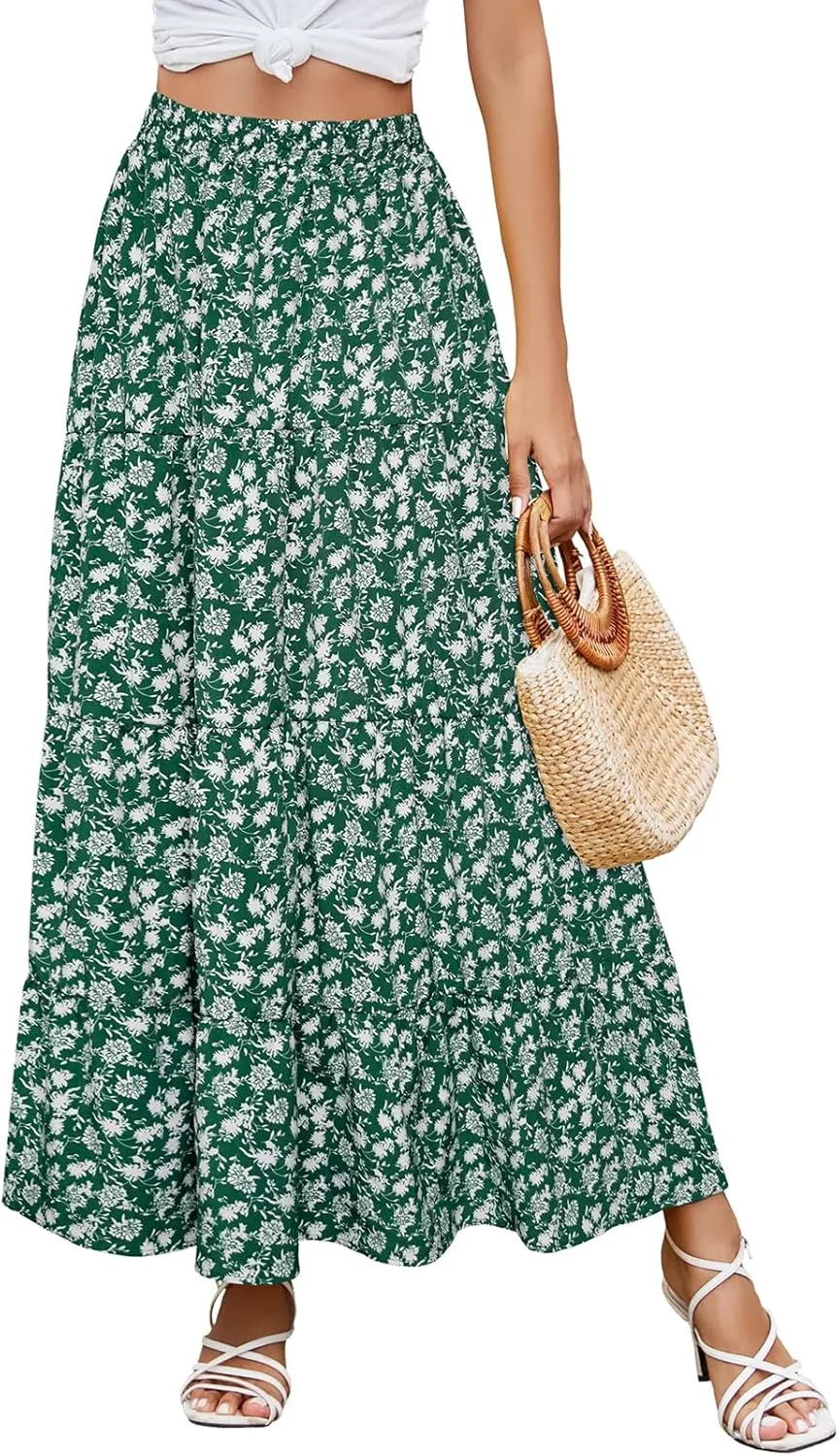 Berydress Long Skirts for Women Trendy Elastic Waist Flowy Summer Ankle Length Boho Flared A Line Tiered Maxi Skirt