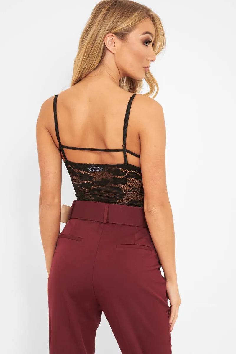Black Satin Lace Cut Out Bodysuit - Aleiya