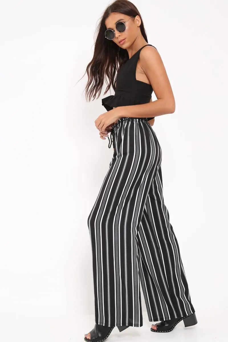Black Stripe Wide Leg Beaded Tie Trousers - Haylie