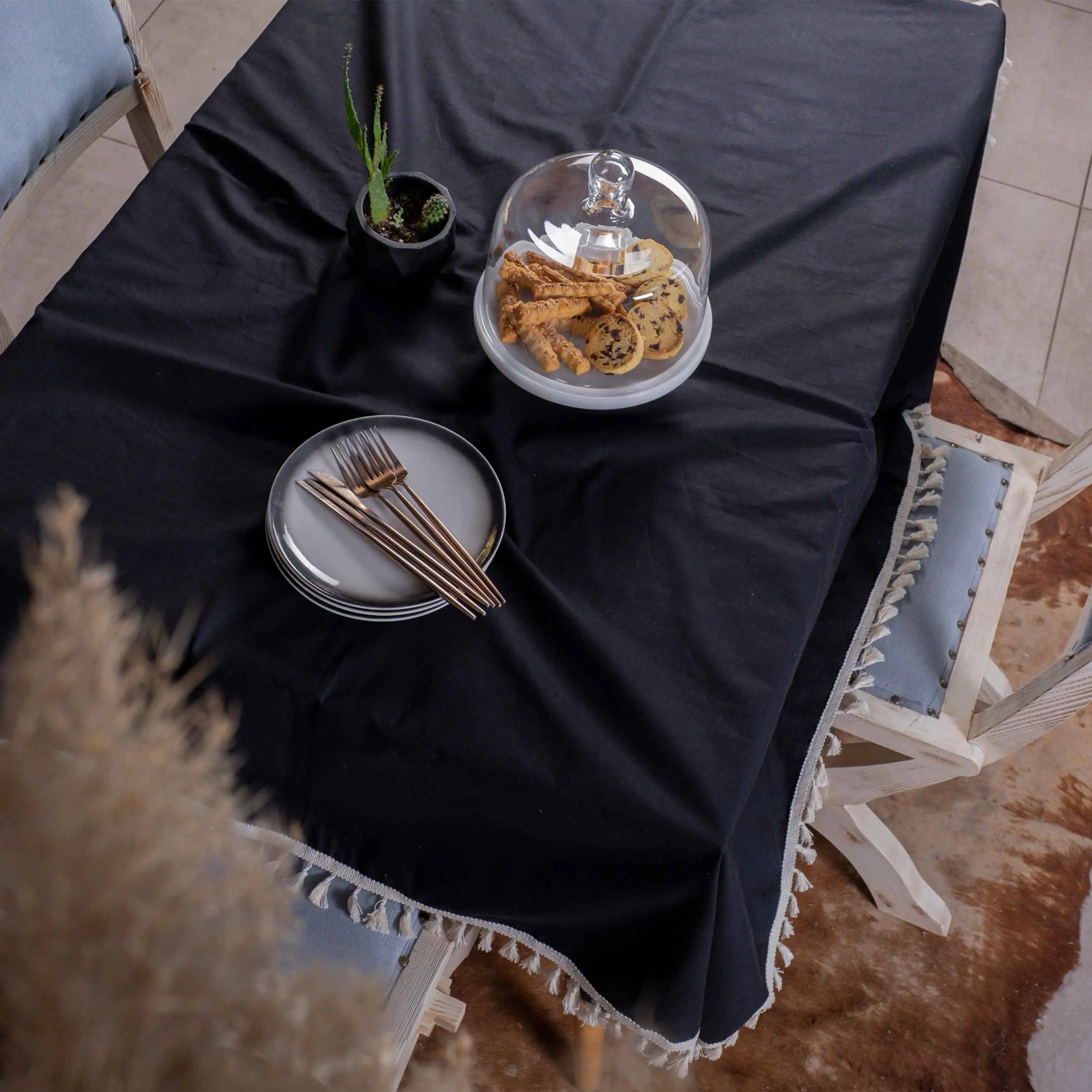 Black Tasselled Pure Cotton Table Cloth