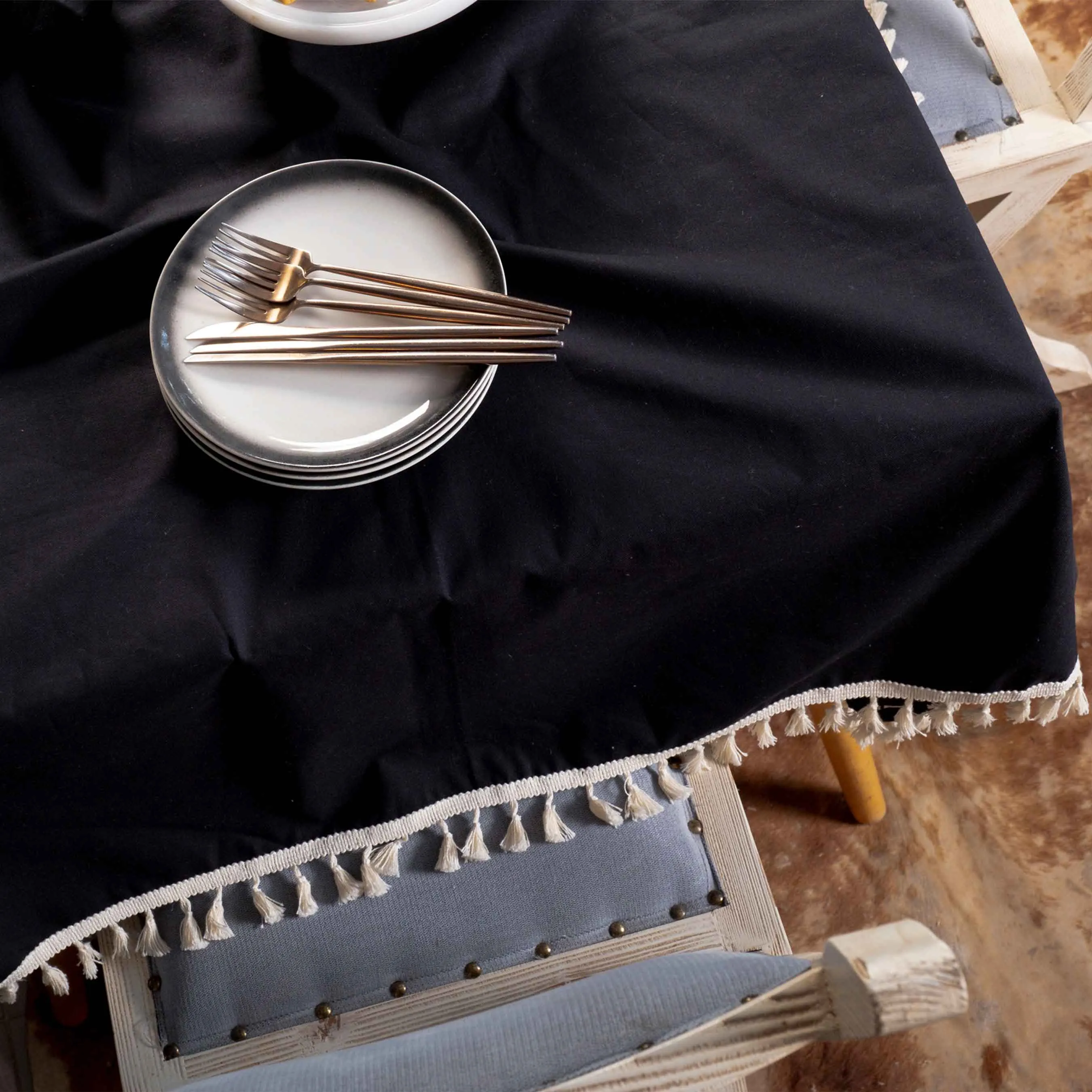 Black Tasselled Pure Cotton Table Cloth