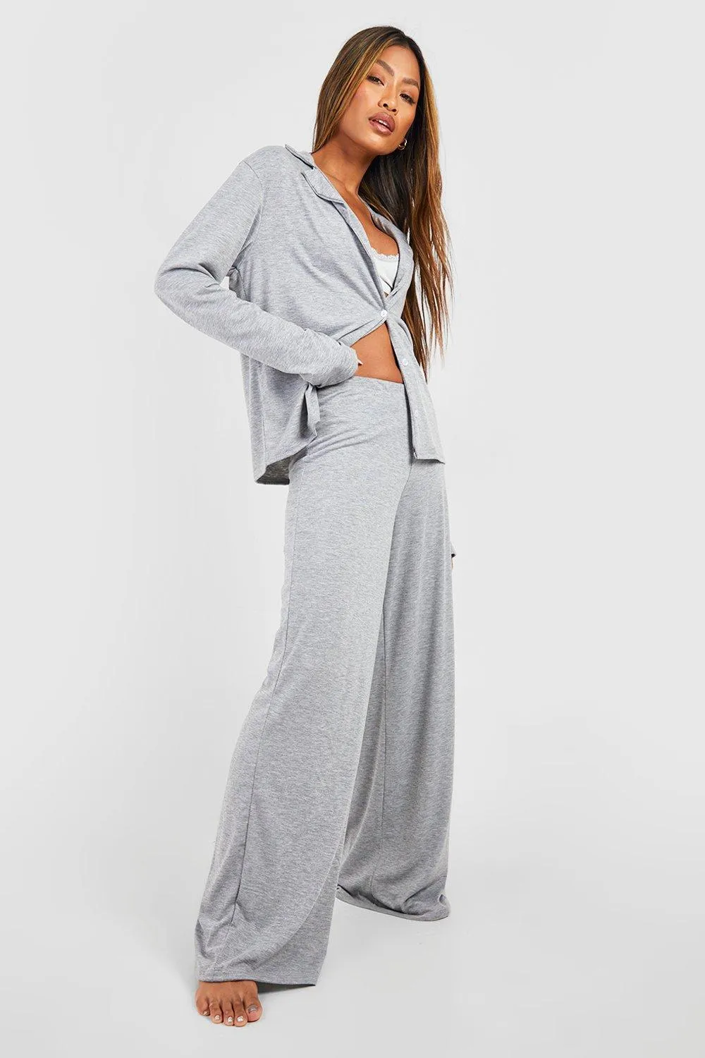 Boohoo Wide Leg Knit Pants, Gray