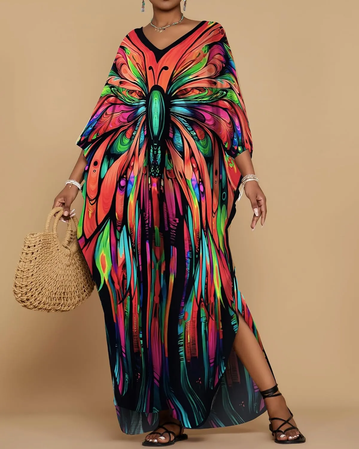 Bsubseach Kaftan Dresses for Women Floral Print Caftans Bathing Suit Cover Ups Plus Size Long Beach Coverup Dress