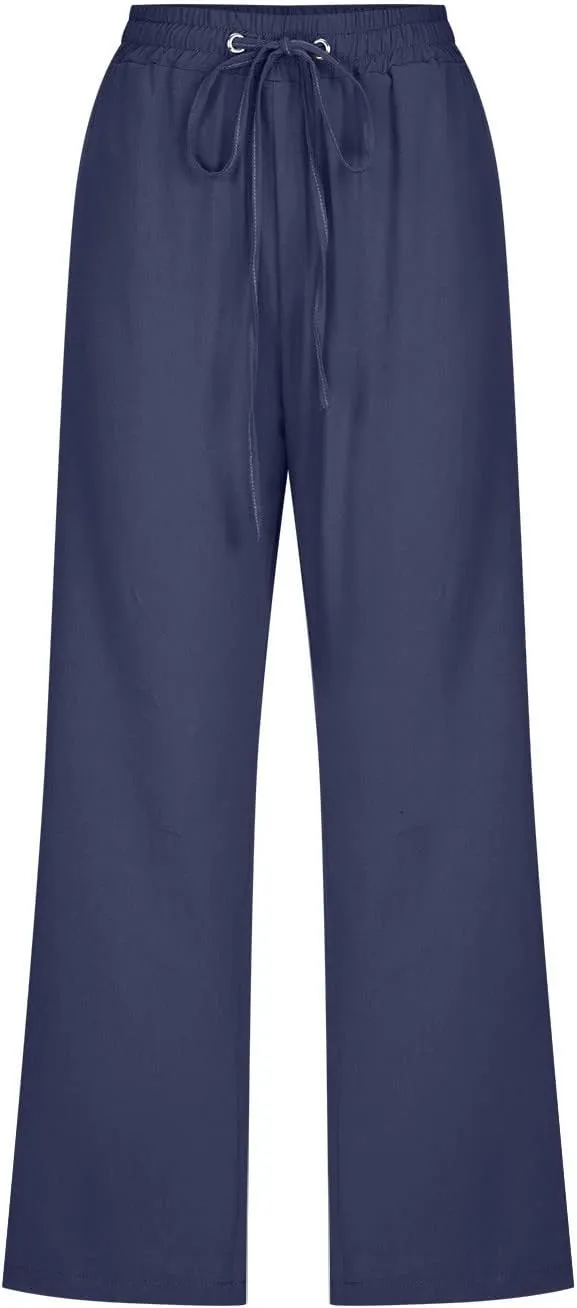 Capri Pants Women Drawstring Linen Pant Elastic Waist Straight Wide Leg Cropped Pants Loose Casual Trousers