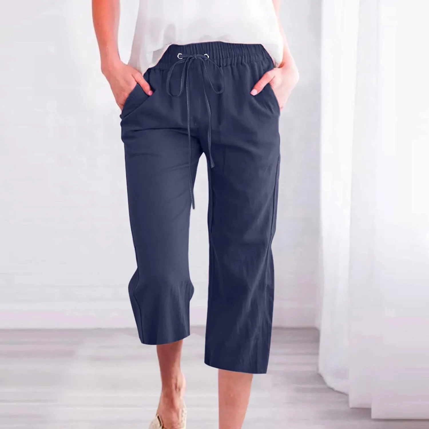 Capri Pants Women Drawstring Linen Pant Elastic Waist Straight Wide Leg Cropped Pants Loose Casual Trousers