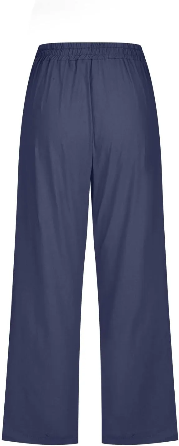 Capri Pants Women Drawstring Linen Pant Elastic Waist Straight Wide Leg Cropped Pants Loose Casual Trousers