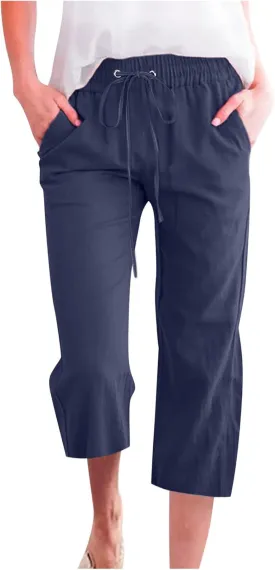 Capri Pants Women Drawstring Linen Pant Elastic Waist Straight Wide Leg Cropped Pants Loose Casual Trousers