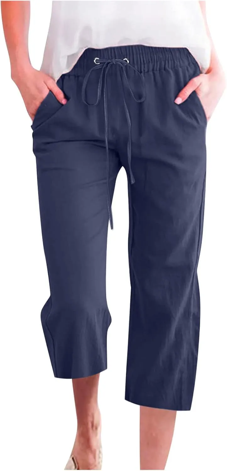 Capri Pants Women Drawstring Linen Pant Elastic Waist Straight Wide Leg Cropped Pants Loose Casual Trousers