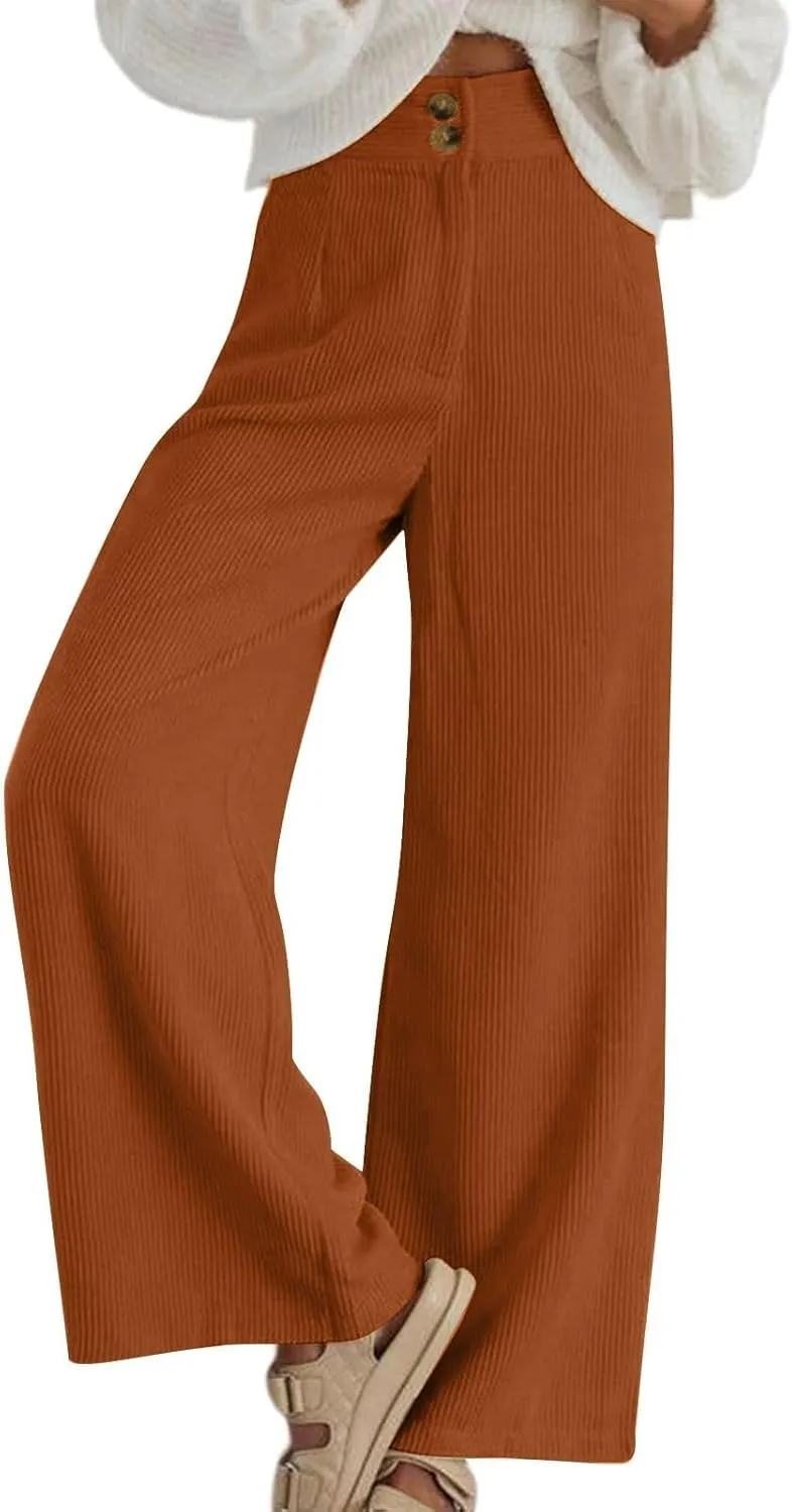 Corduroy Pants for Women Wide Leg High Waist Loose Comfy Trousers Velvet Flare Casual Bell Bottom Pants with Pockets