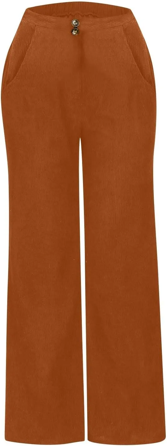 Corduroy Pants for Women Wide Leg High Waist Loose Comfy Trousers Velvet Flare Casual Bell Bottom Pants with Pockets