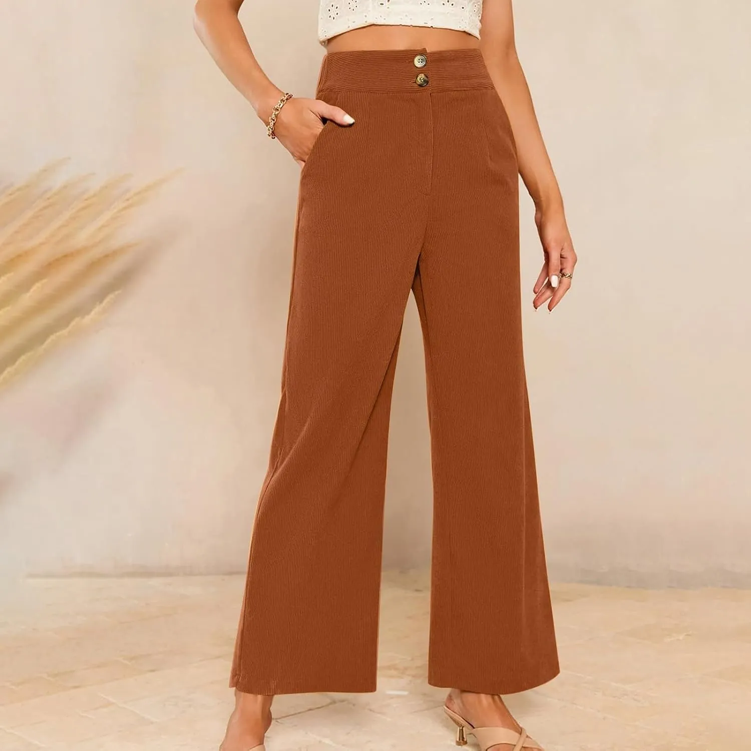 Corduroy Pants for Women Wide Leg High Waist Loose Comfy Trousers Velvet Flare Casual Bell Bottom Pants with Pockets