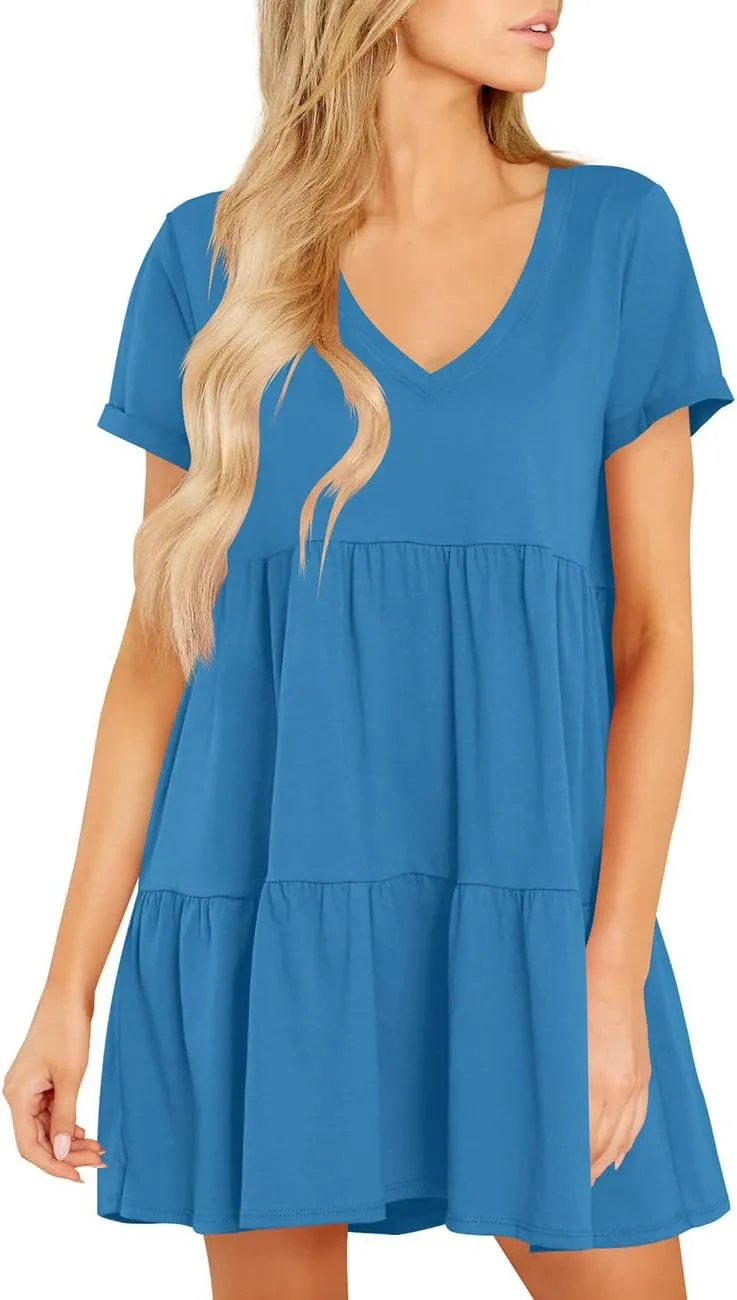 Cosonsen Womens Summer Casual Dresses 2025 Short Sleeve V-Neck Tshirt Dress Flowy Babydoll Dress