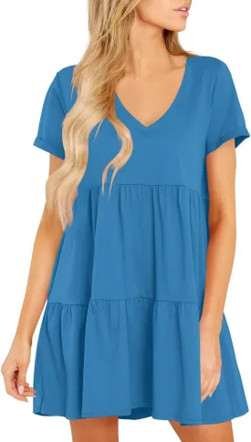 Cosonsen Womens Summer Casual Dresses 2025 Short Sleeve V-Neck Tshirt Dress Flowy Babydoll Dress