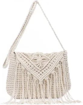 Crochet Tassel Shoulder Bag Handwoven Fringed Purse White Purse Summer Beach Bag Ethnic Boho Tassel Purse
