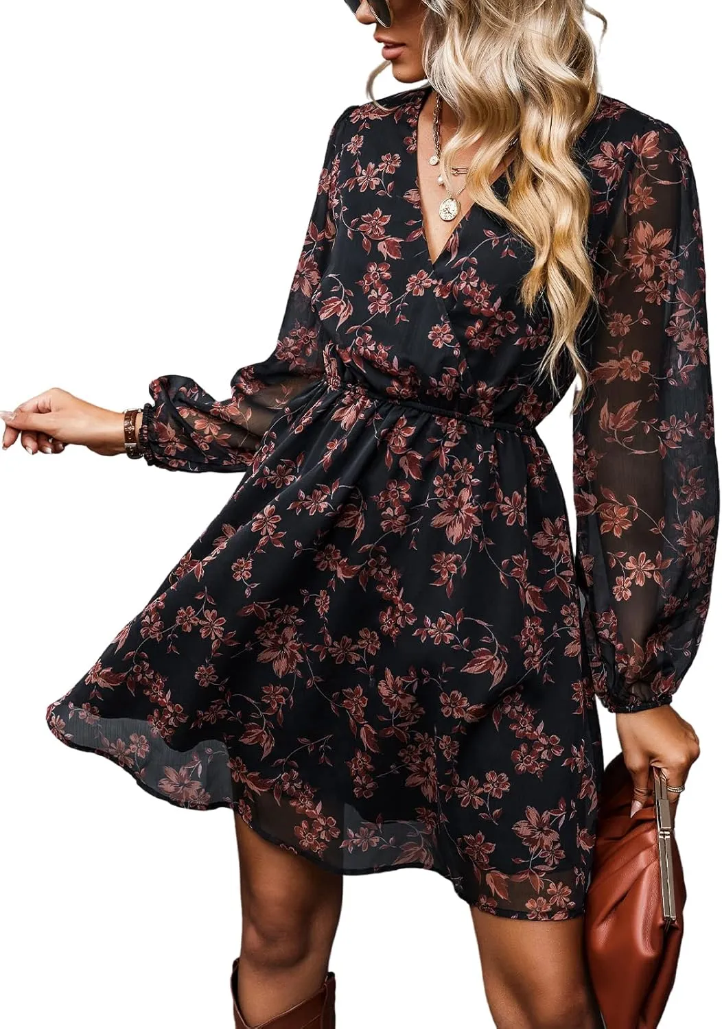 CUPSHE Women's Mini Dresses Casual Spring V Neck Chiffon Long Peasant Sleeves Flowy Summer Dress
