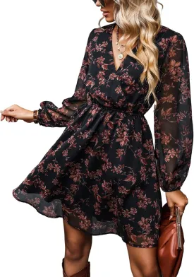 CUPSHE Women's Mini Dresses Casual Spring V Neck Chiffon Long Peasant Sleeves Flowy Summer Dress