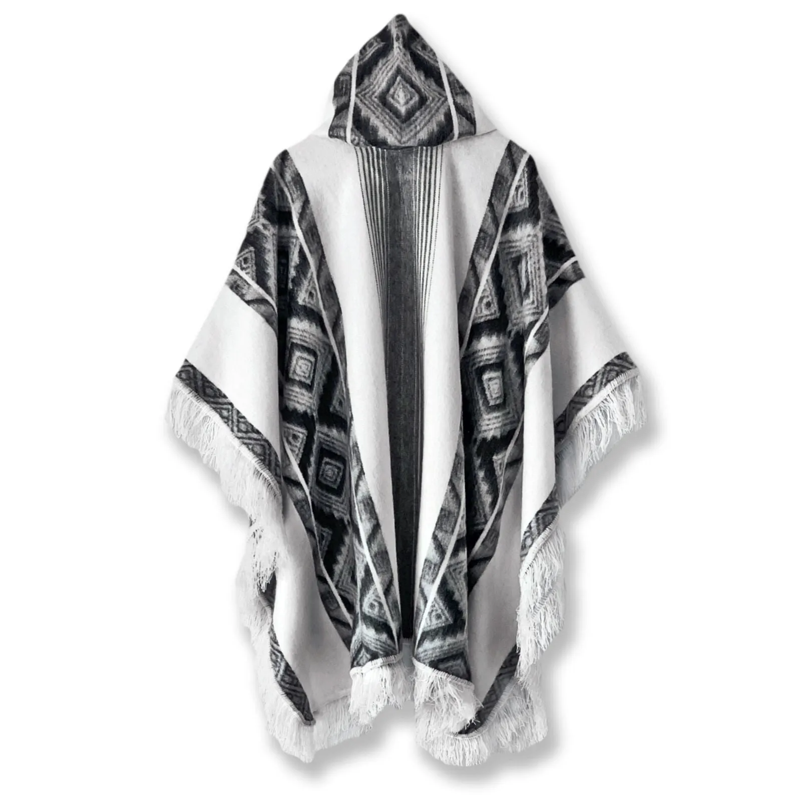 Cuyuja - Lightweight Baby Alpaca Fringed Hooded Poncho - White With Black Diamonds Pattern - Unisex
