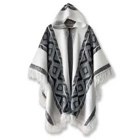Cuyuja - Lightweight Baby Alpaca Fringed Hooded Poncho - White With Black Diamonds Pattern - Unisex