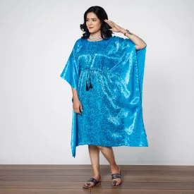 Dark Sky Blue Mashru Silk Kutch Block Printing Kaftan Dress (Medium)