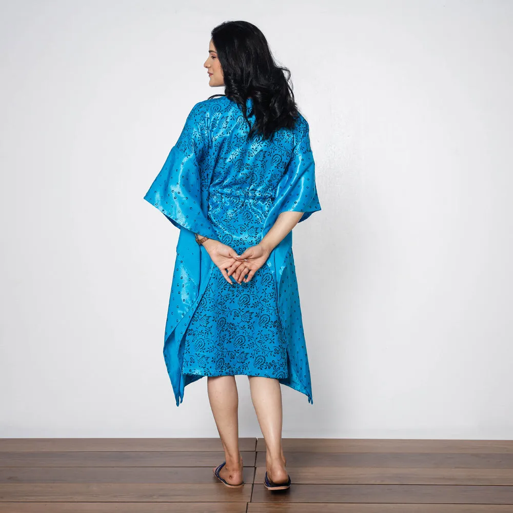 Dark Sky Blue Mashru Silk Kutch Block Printing Kaftan Dress (Medium)