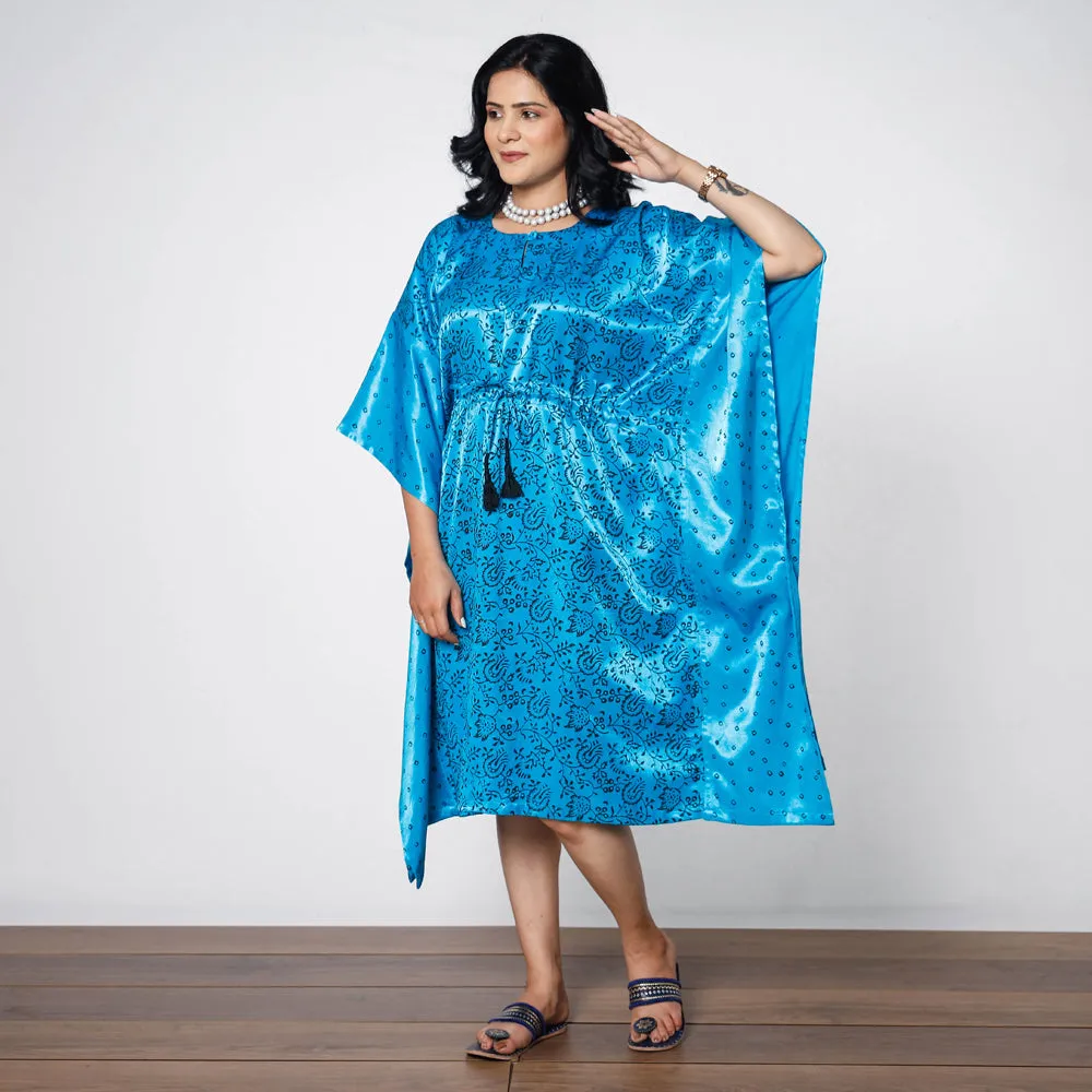Dark Sky Blue Mashru Silk Kutch Block Printing Kaftan Dress (Medium)