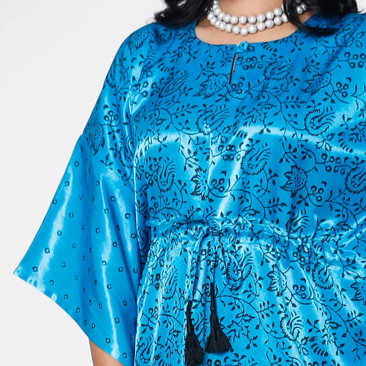 Dark Sky Blue Mashru Silk Kutch Block Printing Kaftan Dress (Medium)