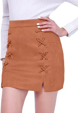 DIASHINY Womens Faux Suede Mini Skirt Above Knee Length Wrap A Line Winter Spring Fall