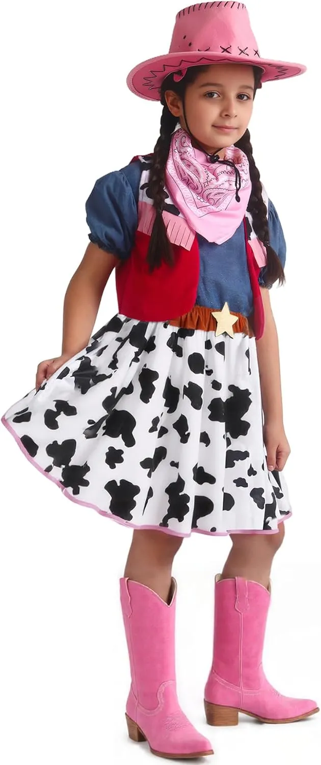 Doxrmuru Cowgirl Costume for Girls Halloween Western Rodeo Dress Up Outfit with Cowgirl Hat 3-10 Years
