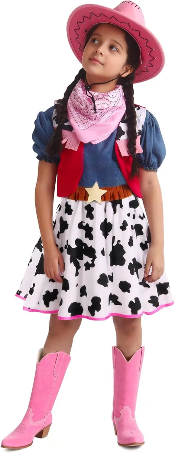 Doxrmuru Cowgirl Costume for Girls Halloween Western Rodeo Dress Up Outfit with Cowgirl Hat 3-10 Years