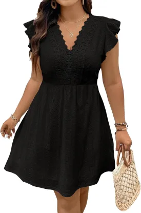 Eytino Plus Size Dresses for Women Summer Ruffle Cap Sleeve Lace V Neck Embroidery Eyelet A Line Dress(1X-5X)