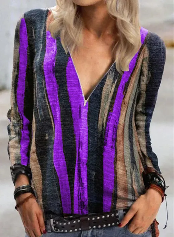 Fashion casual tie-dye stripe printing long-sleeved T-shirt V-neck zipper top women