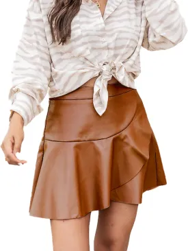 FEOYA Women's Faux Suede Split High Waist Mini Skirt Leather Skirt for Winter Fall Spring