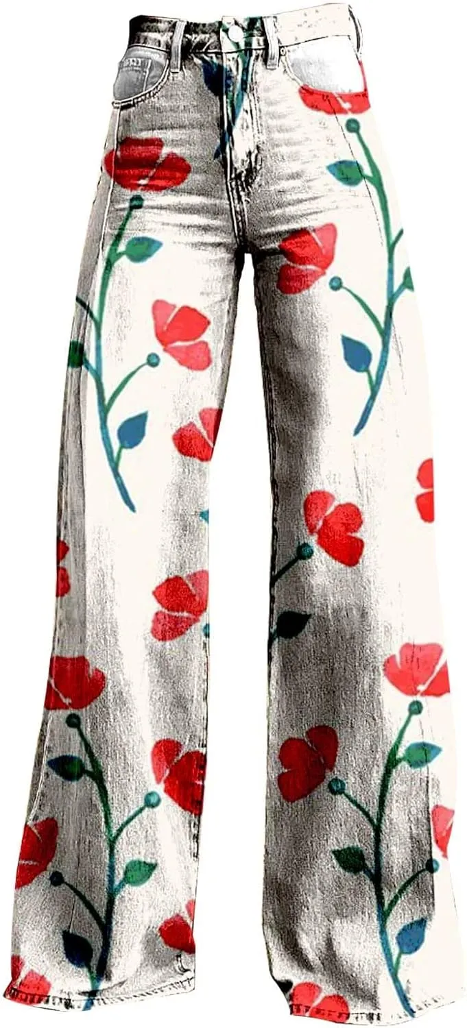 Flare Wide Leg Jeans for Women 2025 Floral Print Baggy Pant Vintage High Waisted Straight Stretch Pants with Pockets