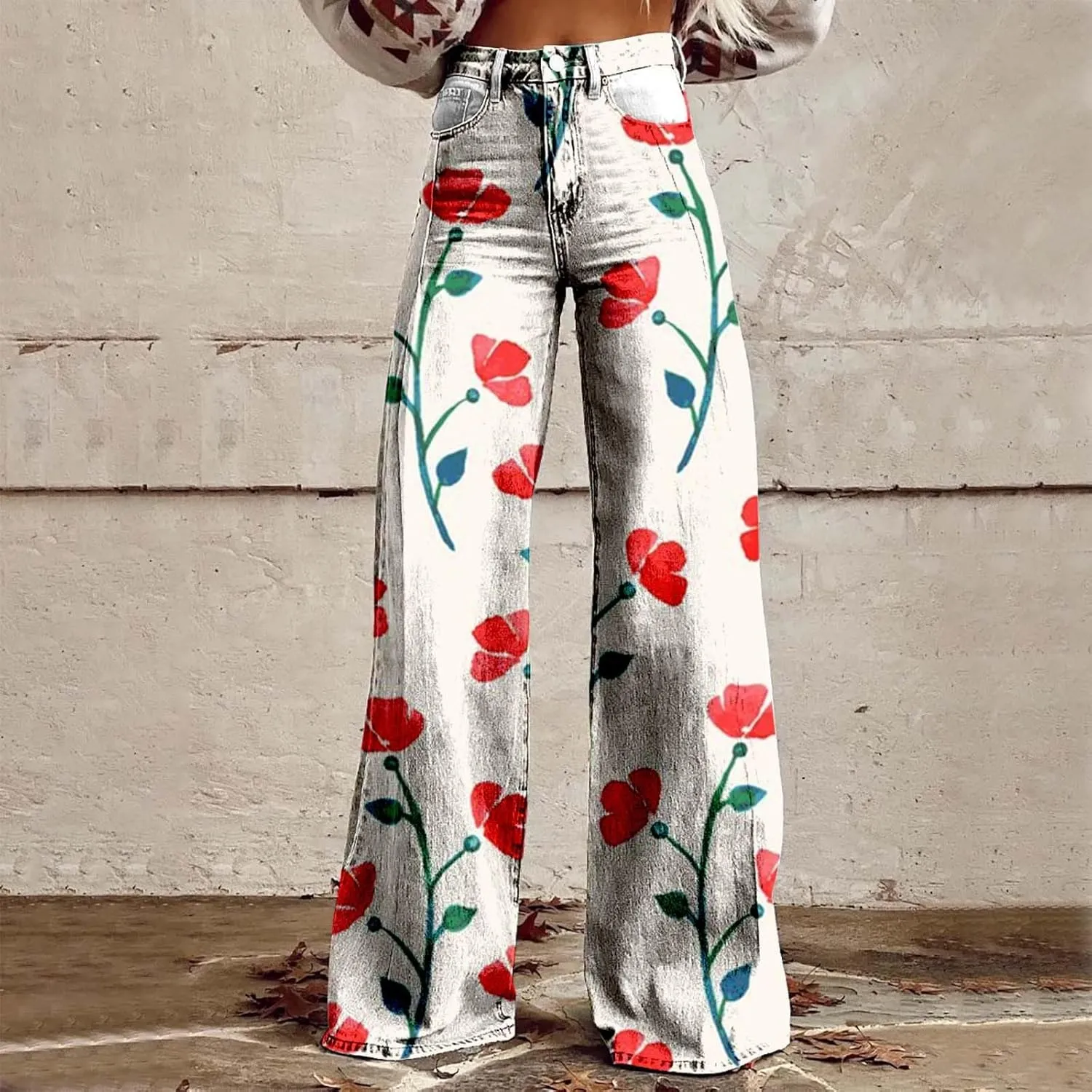 Flare Wide Leg Jeans for Women 2025 Floral Print Baggy Pant Vintage High Waisted Straight Stretch Pants with Pockets