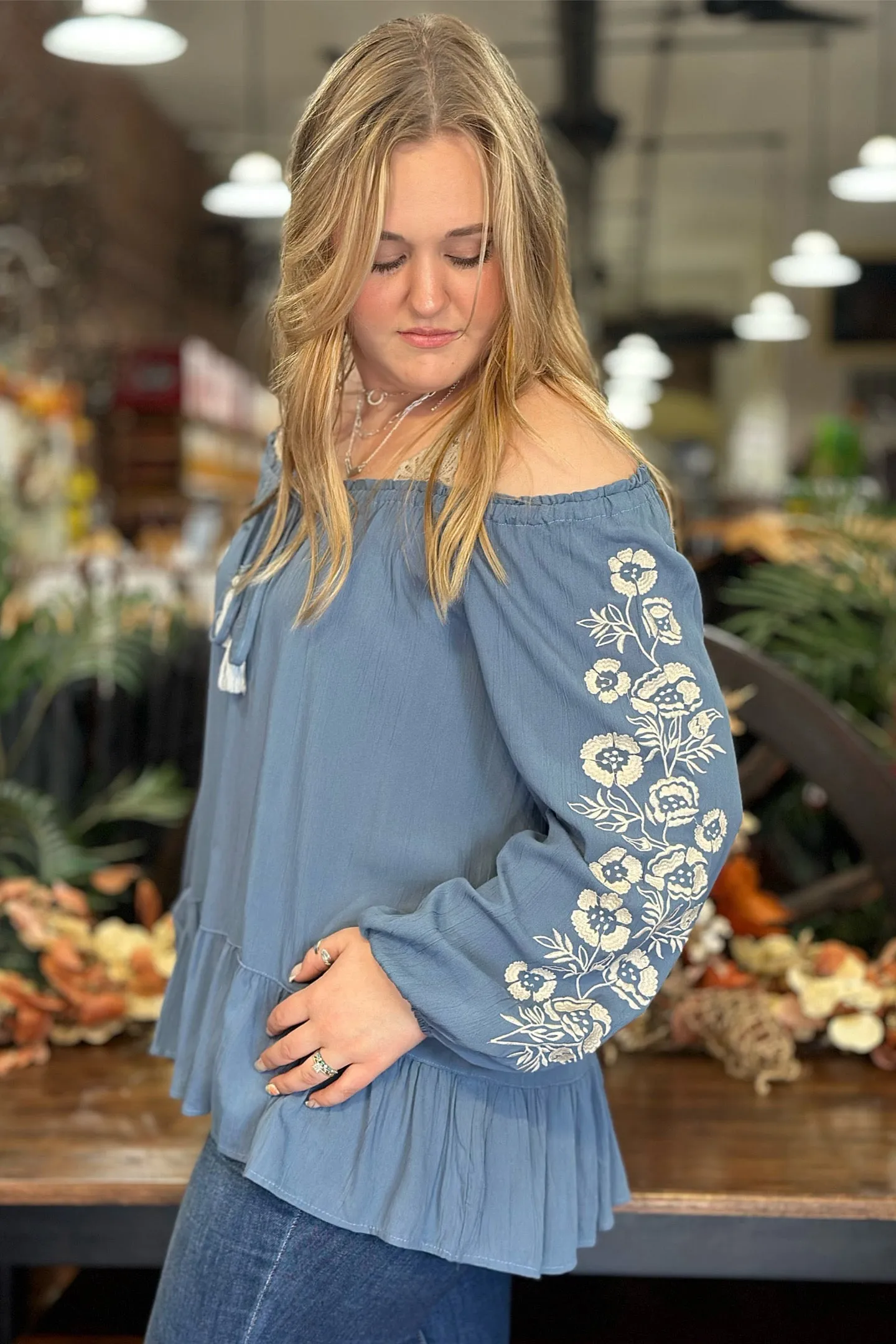 Floral Embroidered Top with Tasseled Tie